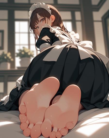 00022-2610036614-(score_9,score_8_up,score_7_up,),1girl,solo,maid,maid headdress,looking at viewer,apron,brown hair,indoors,black hair,bare foot,.png